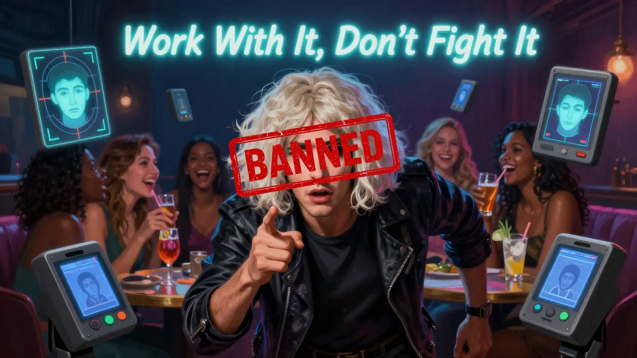 A man in disguise being rejected by security icons, while a lively co-ed party glows in the background.