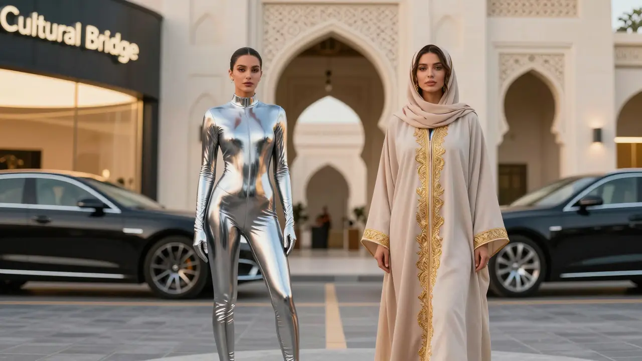 A model embodies cultural duality, standing between a modern bodysuit and traditional abaya under Dubai's skyline.