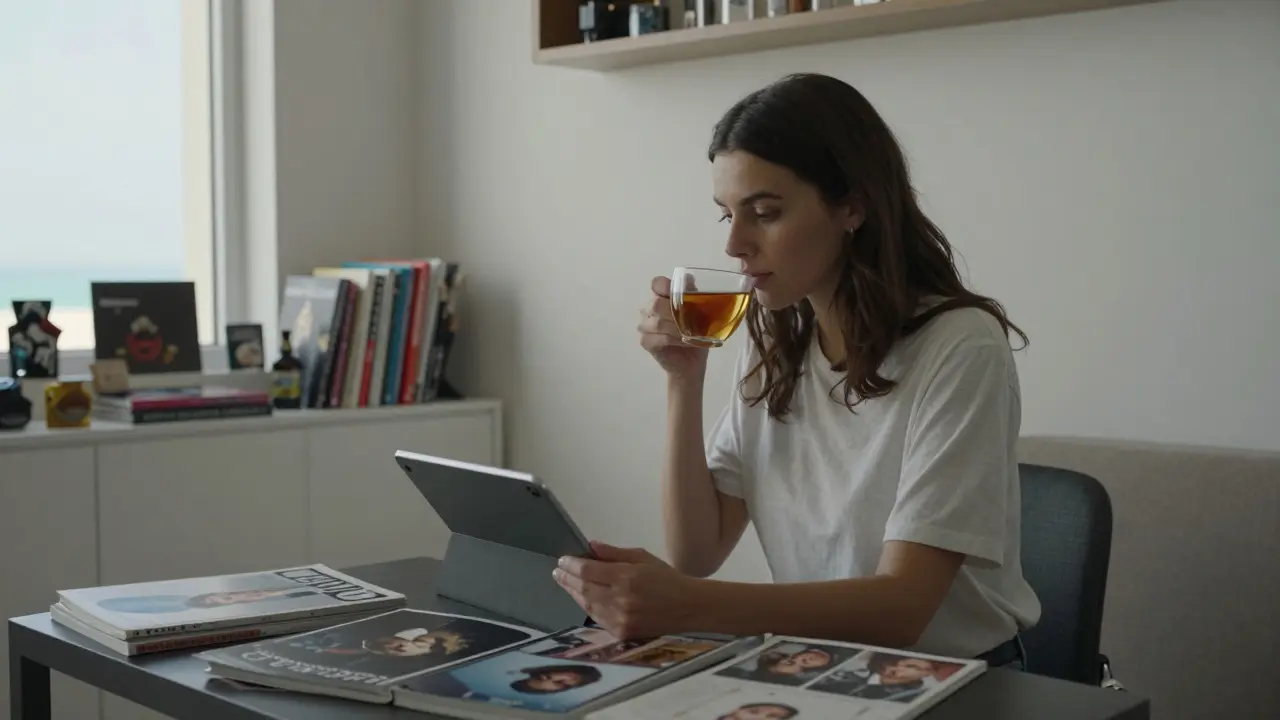 A model preparing for a session with cultural notes and tea, overlooking the Arabian Gulf in a calm, minimalist apartment.