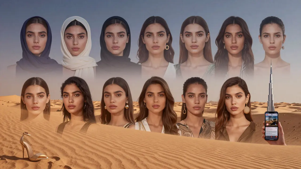 A mosaic of ten Dubai models blending into a desert landscape under twilight, symbolizing cultural and professional impact.