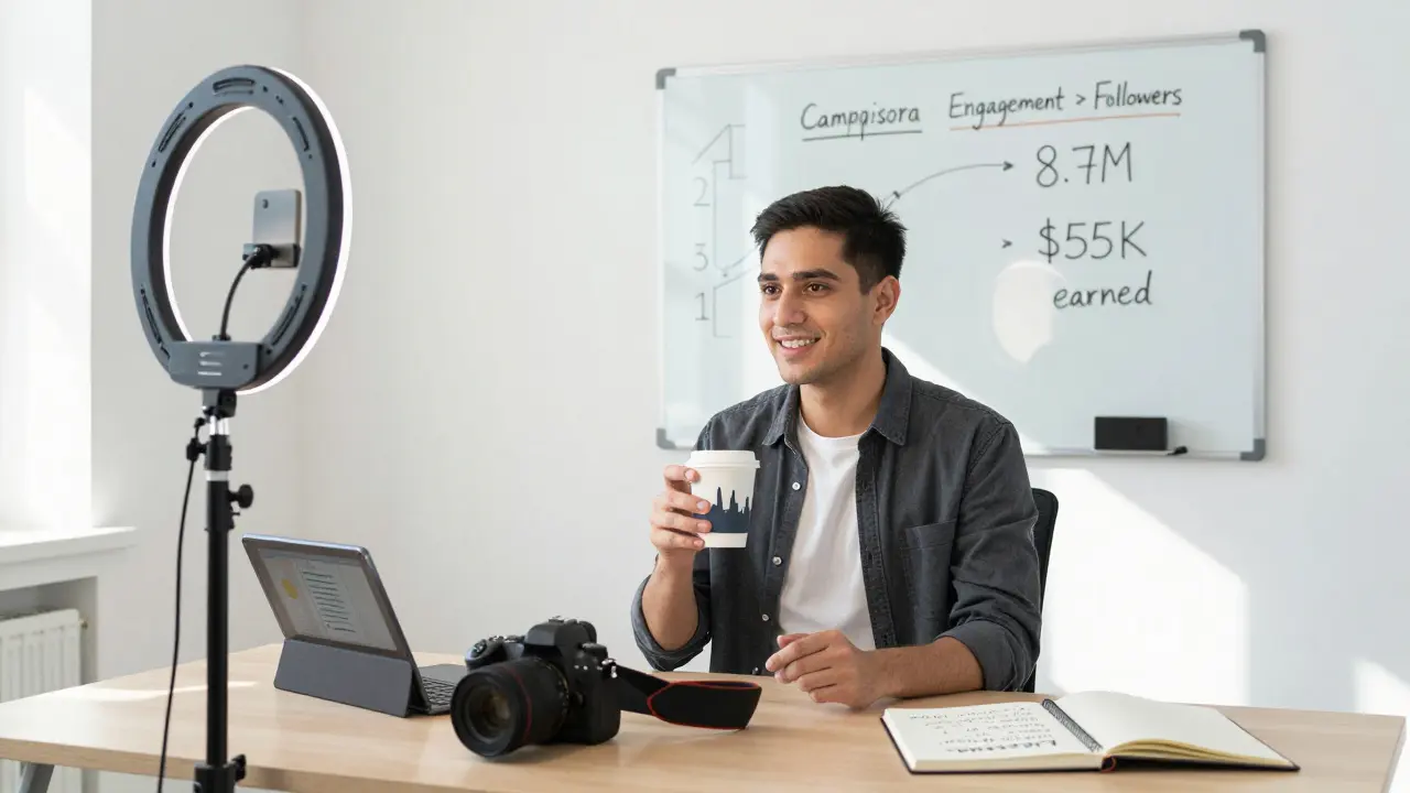 A professional content creator in a sunlit studio, surrounded by gear and analytics, focused on their TikTok business strategy.