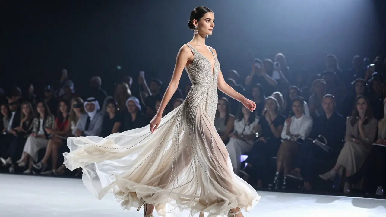 A runway model walks with statuesque grace at Dubai Fashion Week, spotlight highlighting her gown and poise.