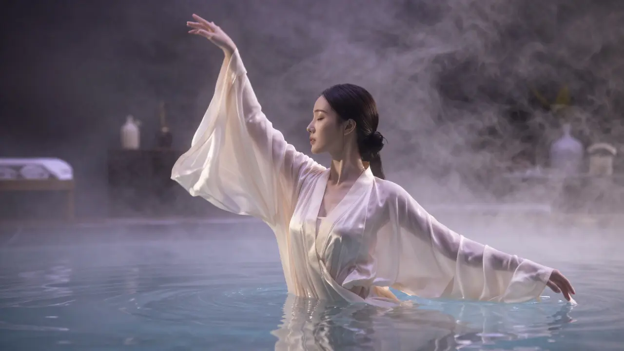 A silk robe floats away in water, symbolizing the release of clothing and self-judgment.