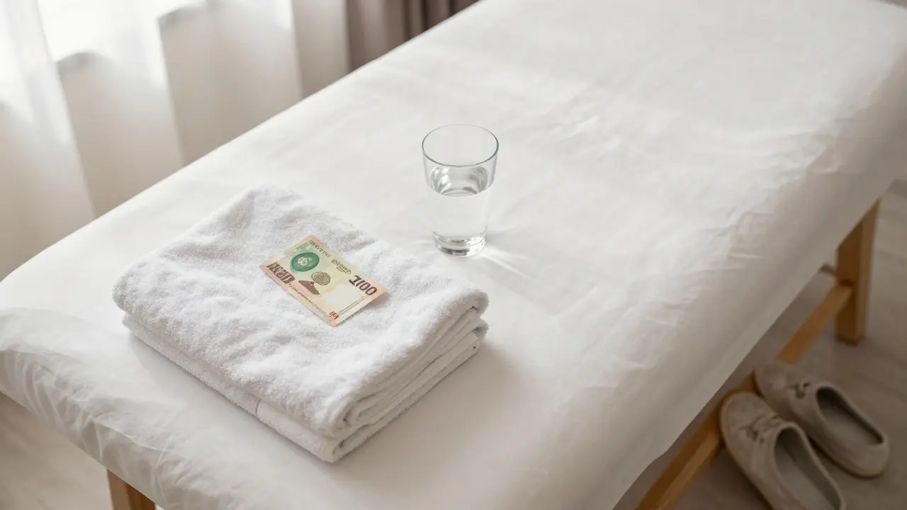A single AED 200 bill placed on a massage table pillow beside a glass of water, with no credit card in sight.