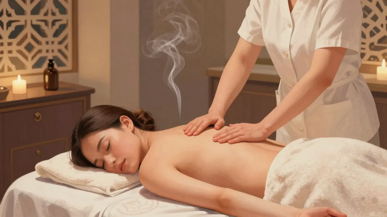 A therapist gently covering a client with a towel during a massage in a serene Dubai women-only spa.