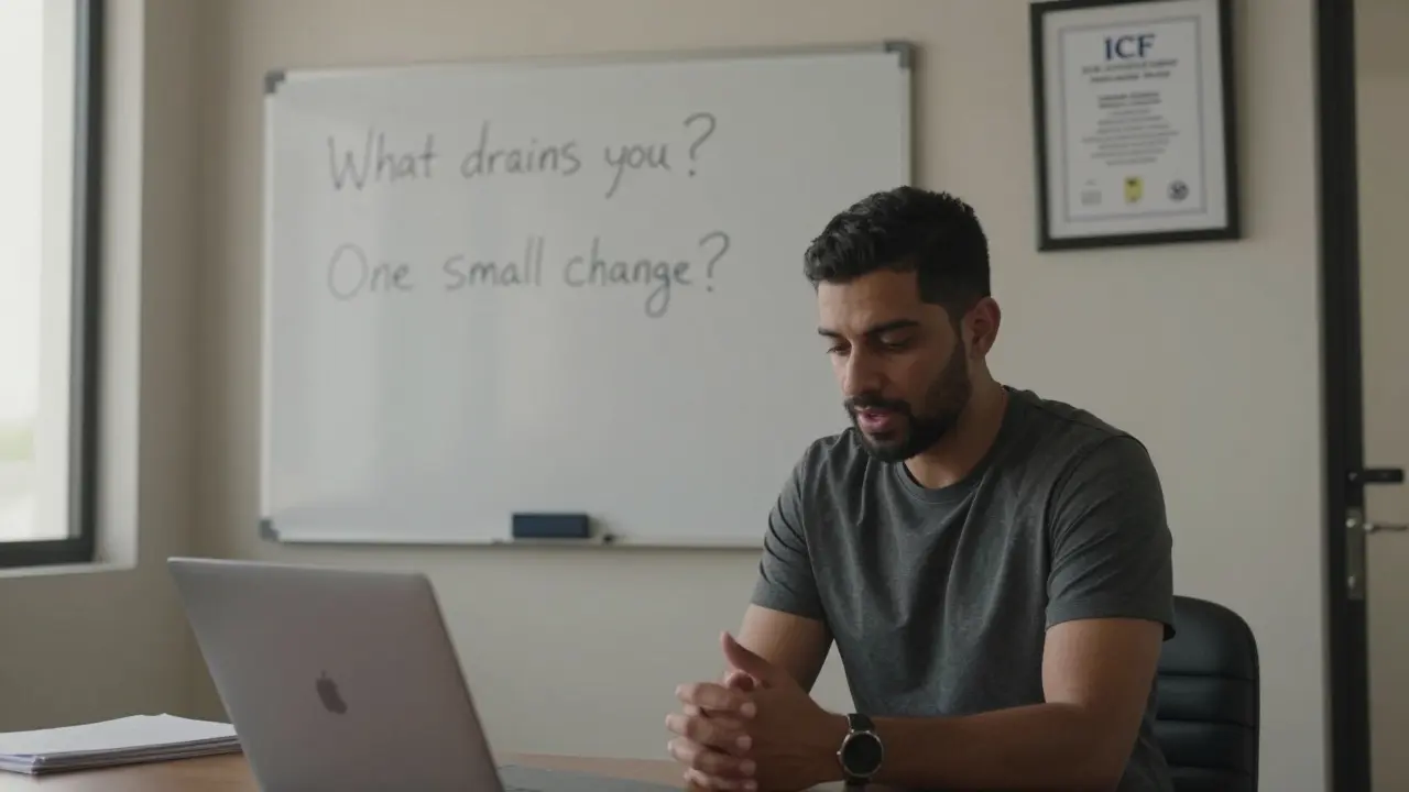 A wellness coach listening attentively to a client in a simple office, with a certification visible on the wall.
