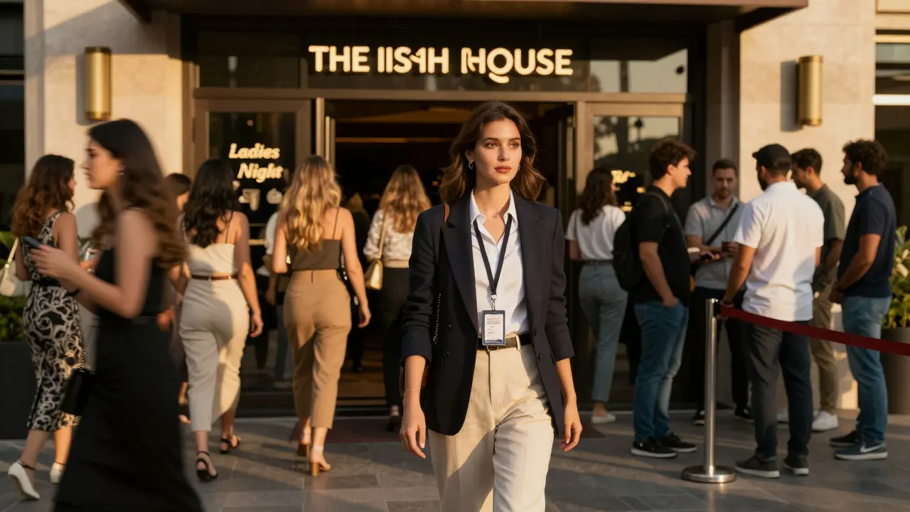 A woman presenting ID at a Dubai bar entrance while others enter freely during ladies night.