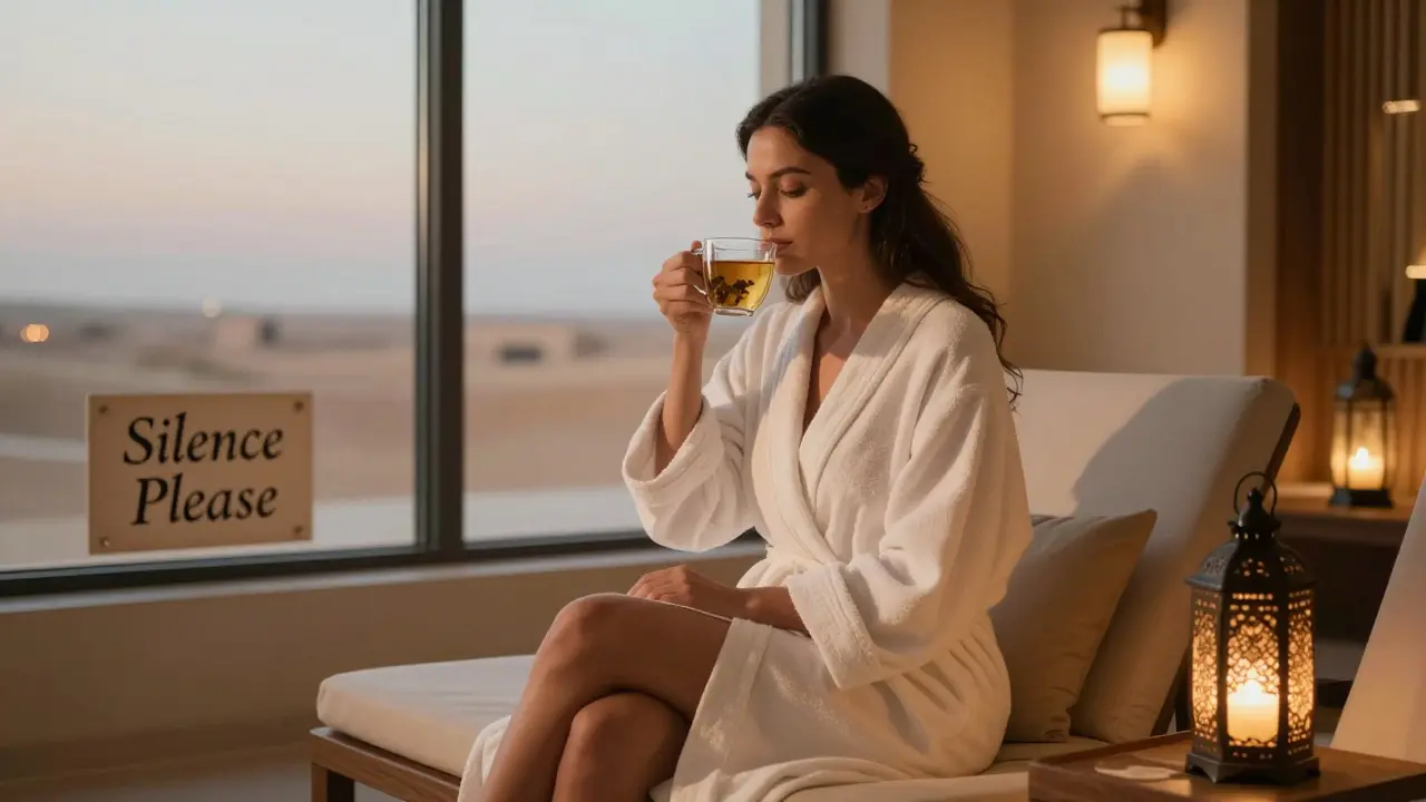 A woman relaxes alone in a women-only spa lounge, sipping tea under soft lantern light, with a desert view beyond and a 'Silence Please' sign in Arabic.