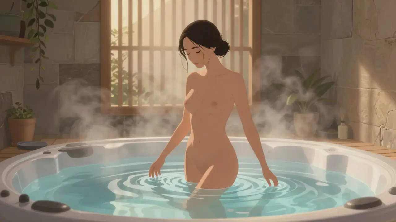 A woman relaxes in a private hot tub, fully nude, surrounded by steam and soft lighting.