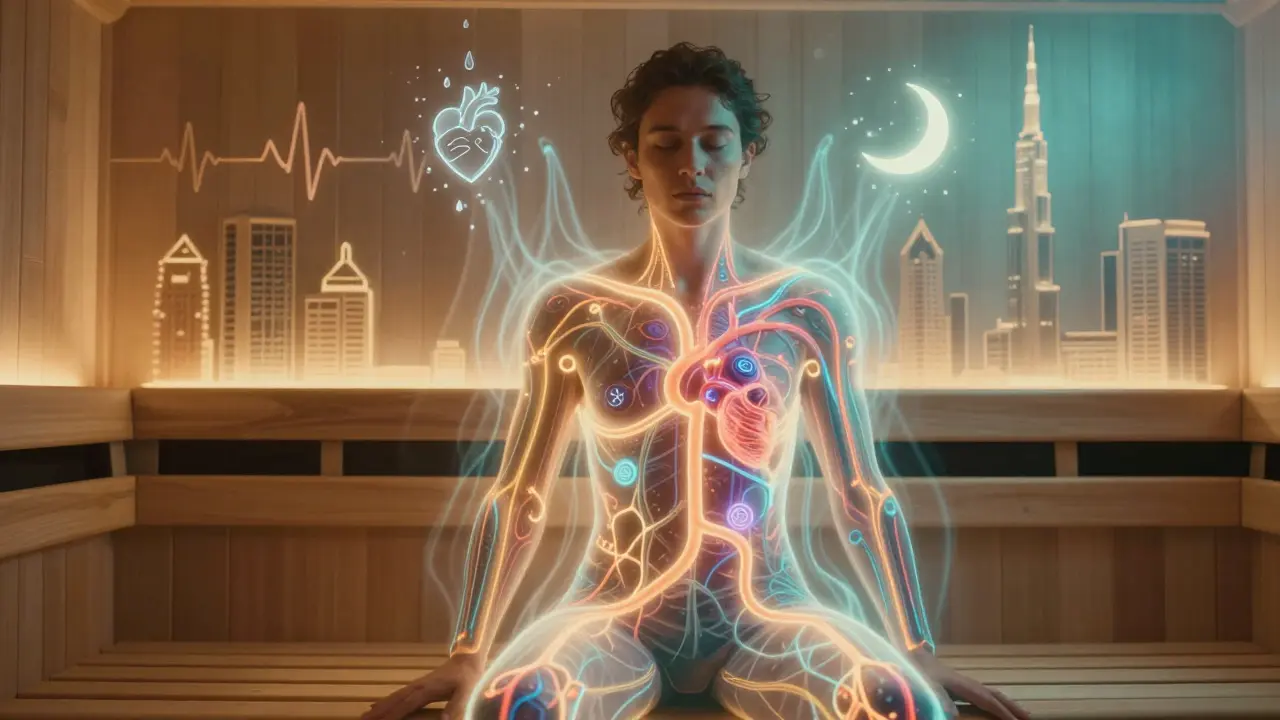 An artistic representation of heat waves and glowing blood flow symbolizing improved heart health from sauna use, with Dubai’s skyline in the background.