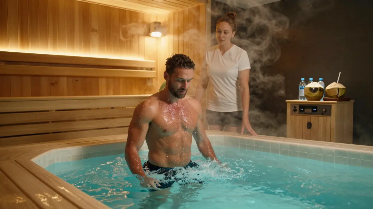An athlete stepping from a hot sauna into a cold plunge pool at a luxury Dubai spa, with steam and water droplets frozen in mid-air.