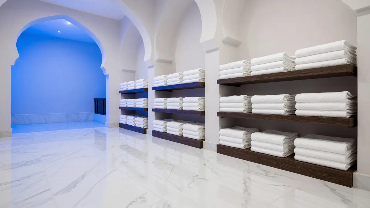 Clean modern hammam interior with stacked white towels and marble floors
