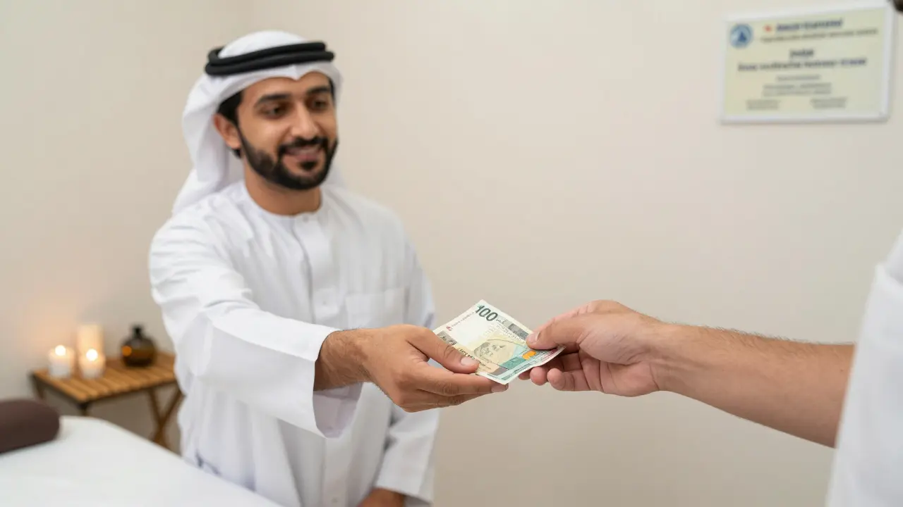 Client handing cash tip to therapist at the end of a massage session in Dubai.