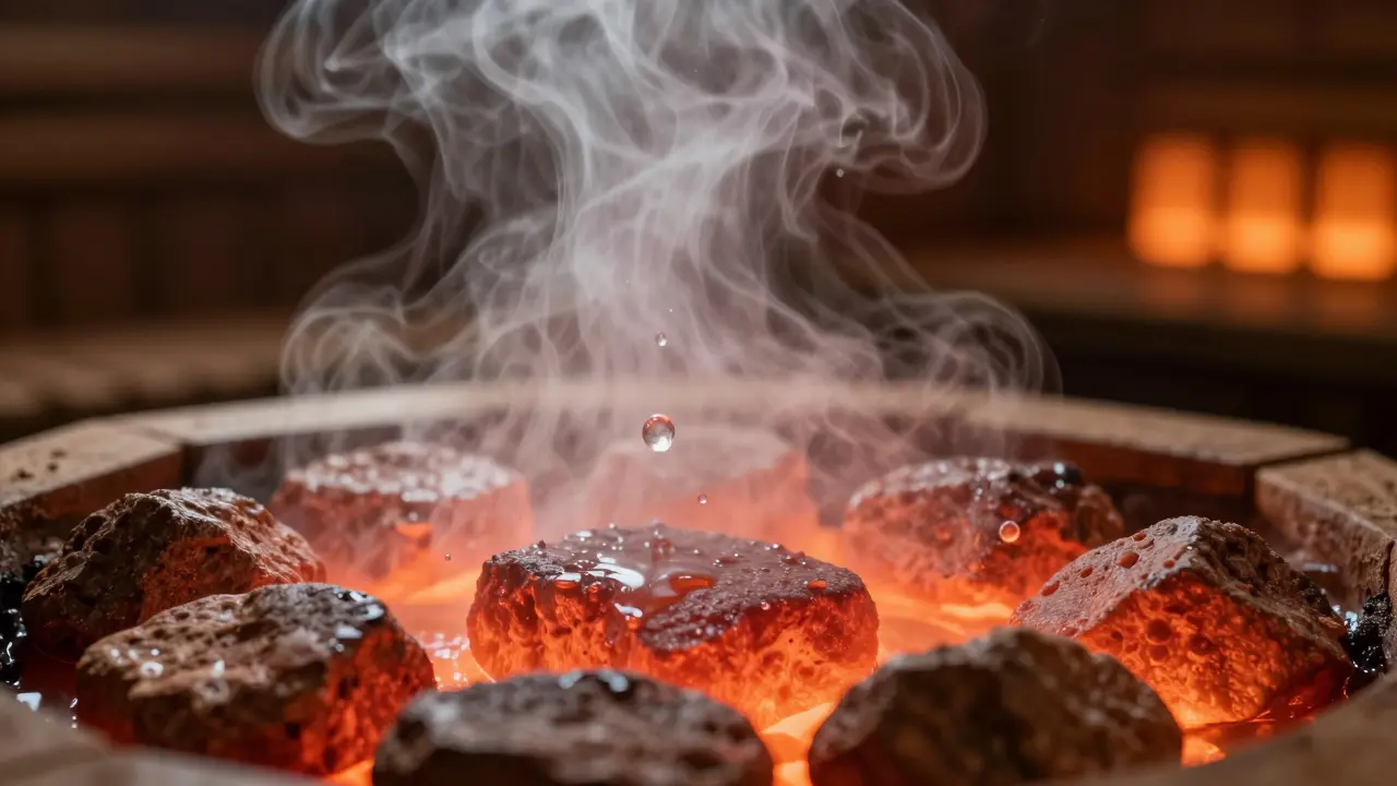 Close up of water pouring over hot rocks creating thick steam clouds