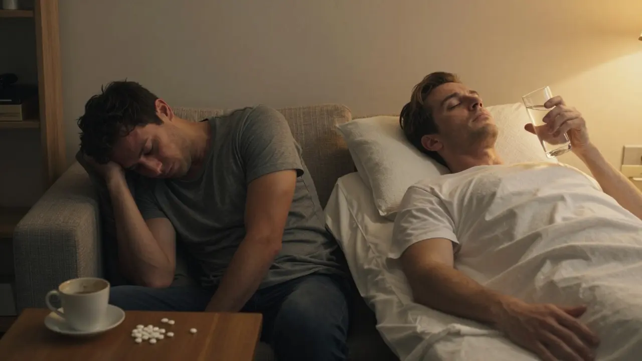 Contrasting images: one person exhausted with coffee and pills, another calm and hydrating after massage — representing post-massage recovery.