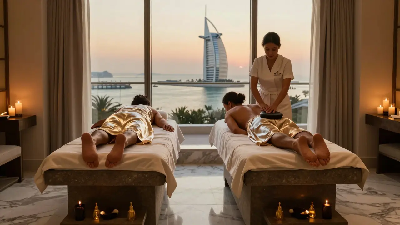 Couples enjoying a luxury massage with heated stones and Gulf views in a high-end Dubai hotel spa.
