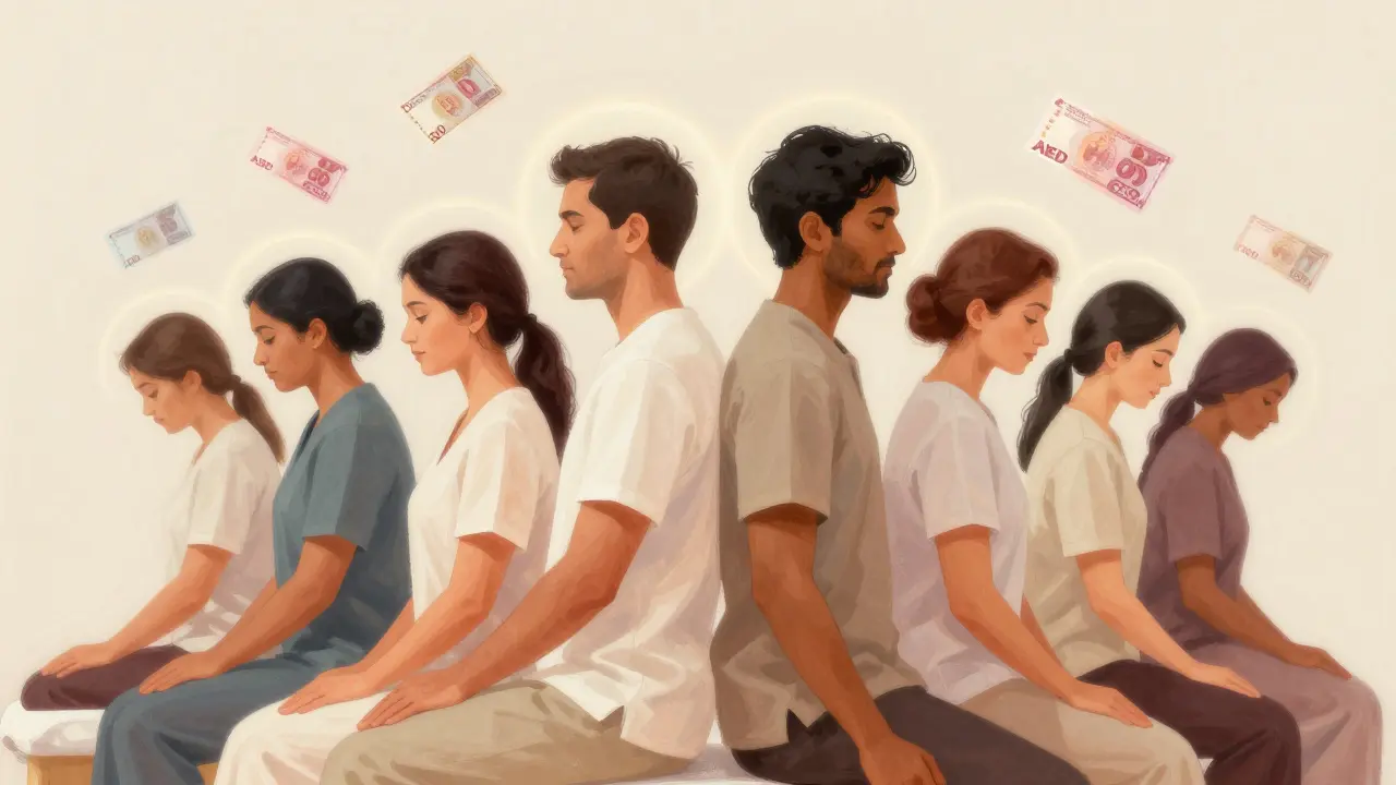 Diverse massage therapists in a Dubai spa surrounded by floating banknotes symbolizing tips as income.