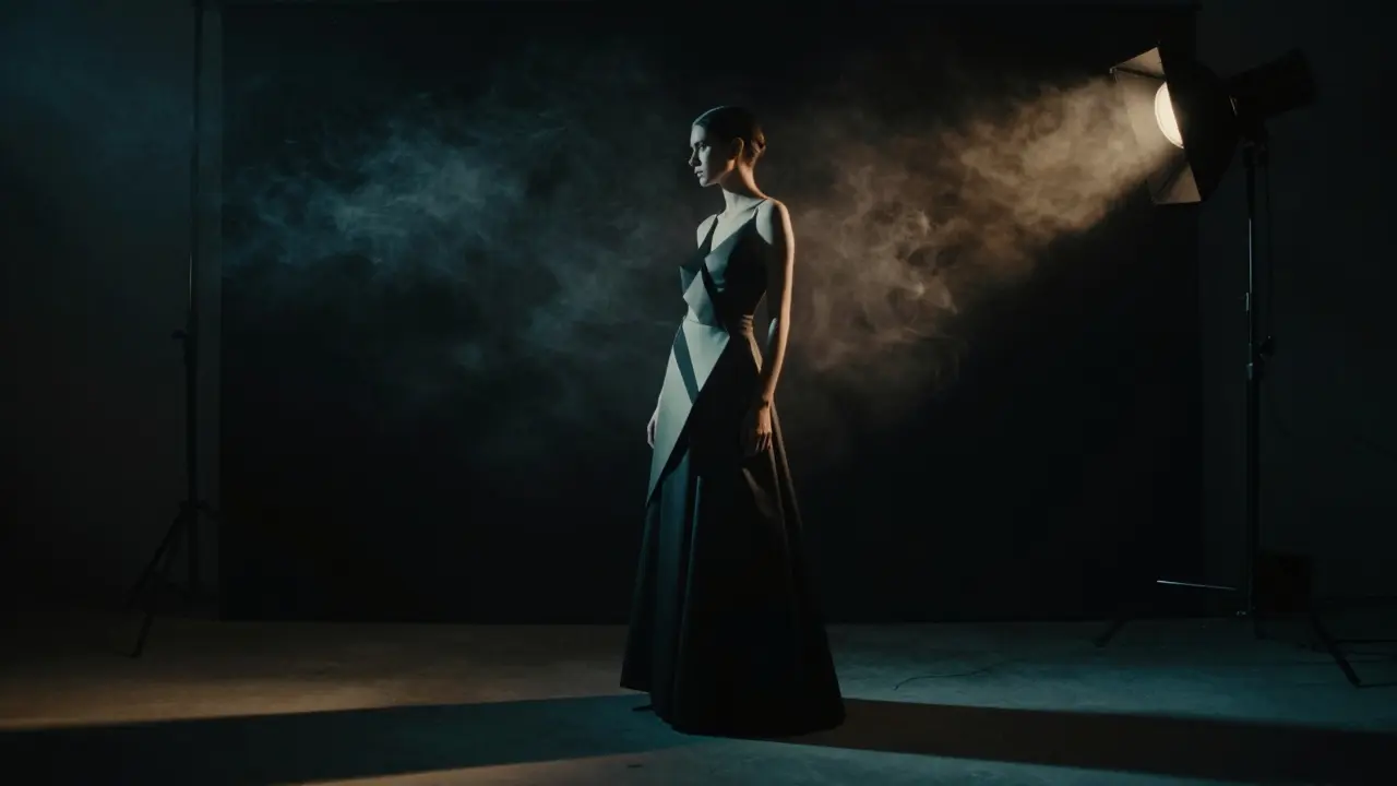 Dramatic portrait of a model with heavy shadows and rim lighting in a dark studio setting.