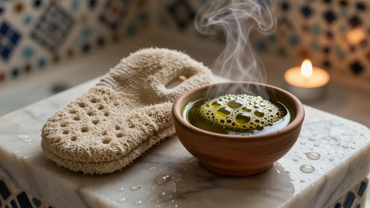 Exfoliation glove and soap bowl on stone with rising steam