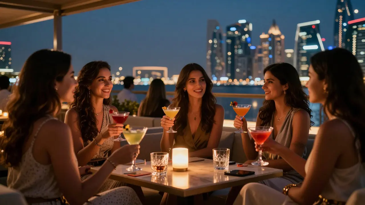 Friends clinking cocktail glasses on a rooftop lounge overlooking the city skyline
