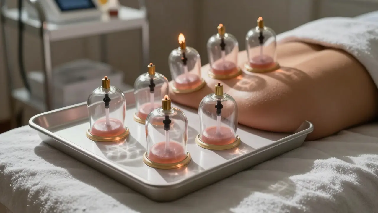 Glass cups on a patient's back in a clinic setting.