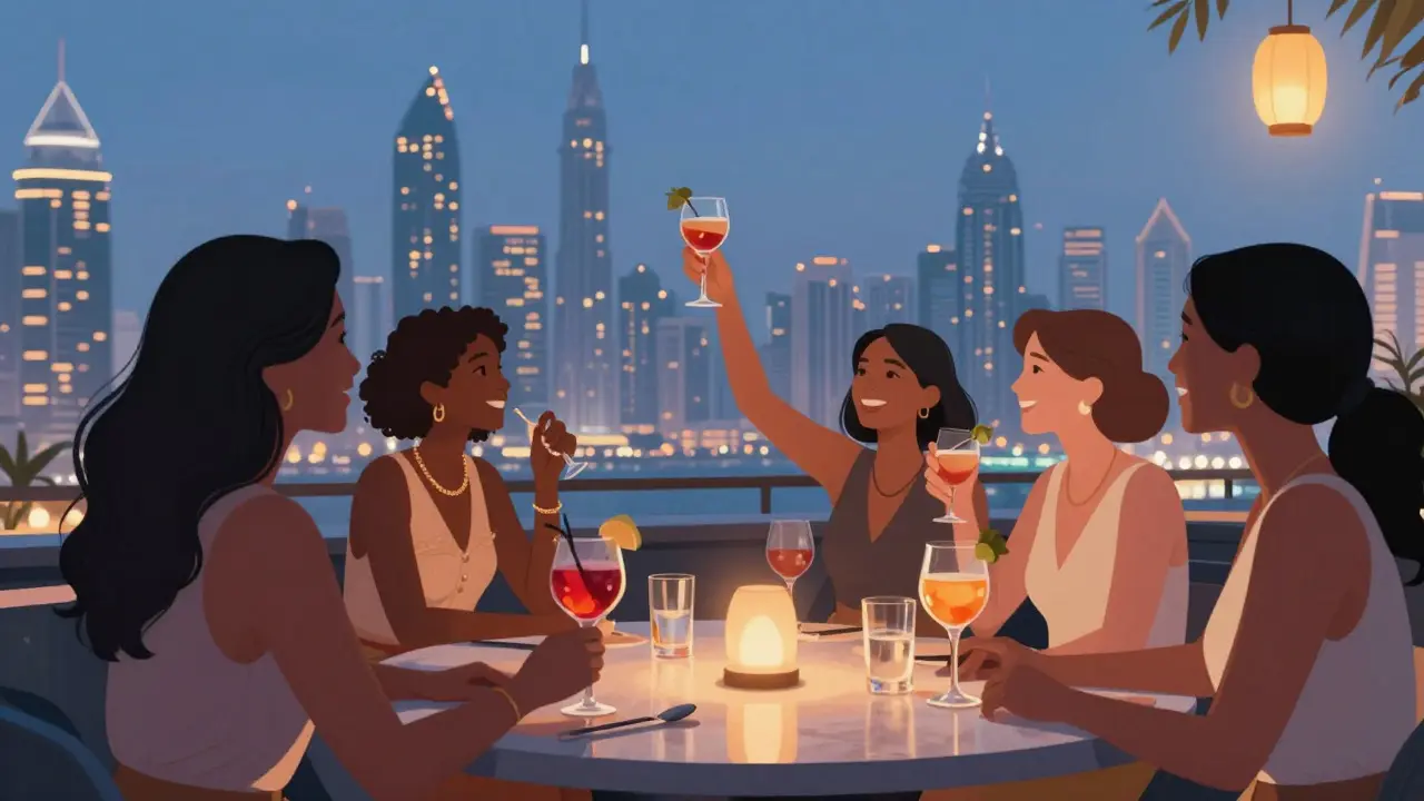 Group of women enjoying cocktails on a rooftop bar with Dubai's skyline glowing in twilight.