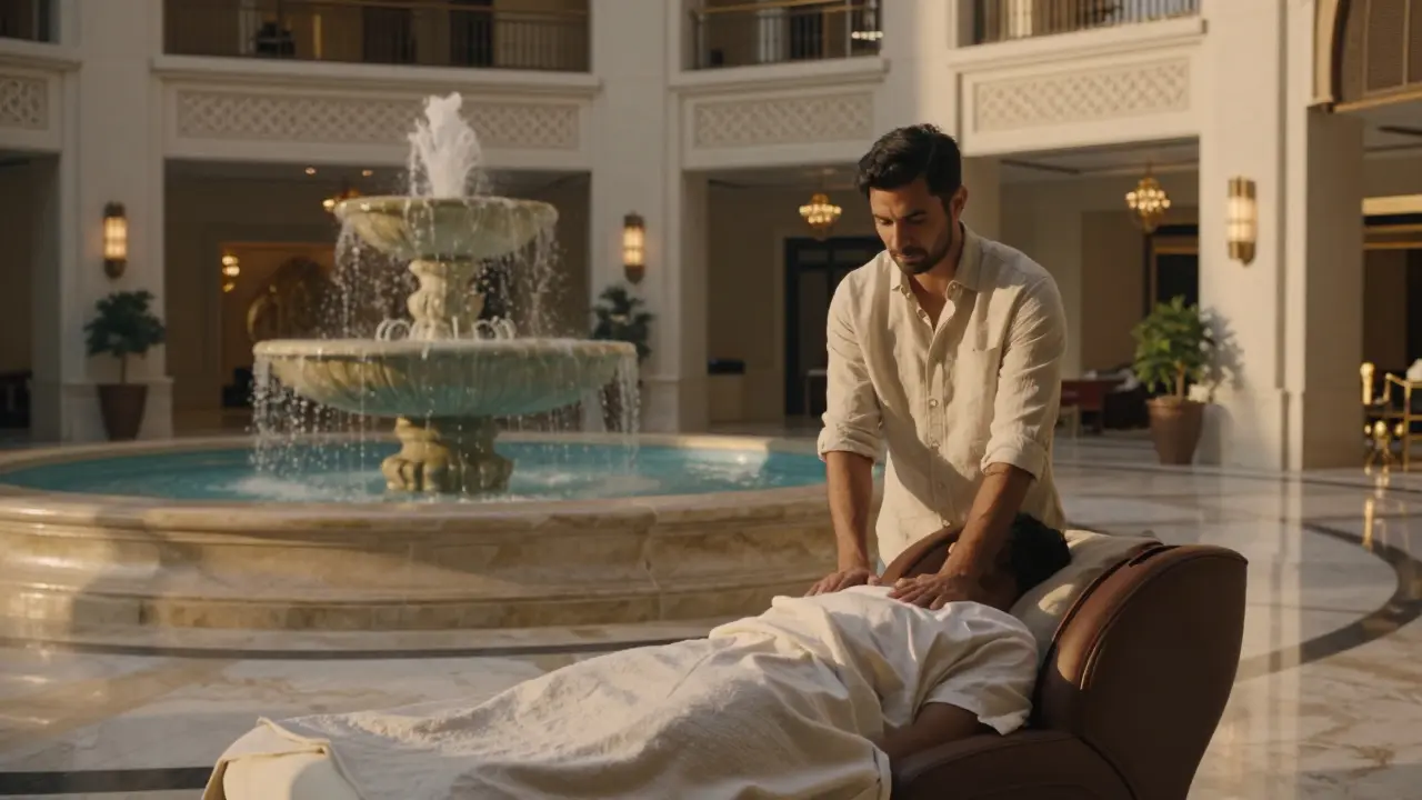 Guest receiving a luxury chair massage in a Dubai hotel lobby, elegant architecture and fountain in background.