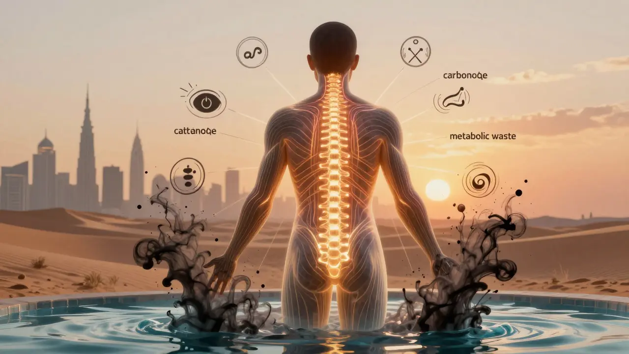 Human body with glowing energy lines, surrounded by swirling toxins, against Dubai’s skyline at sunset, symbolizing detoxification.