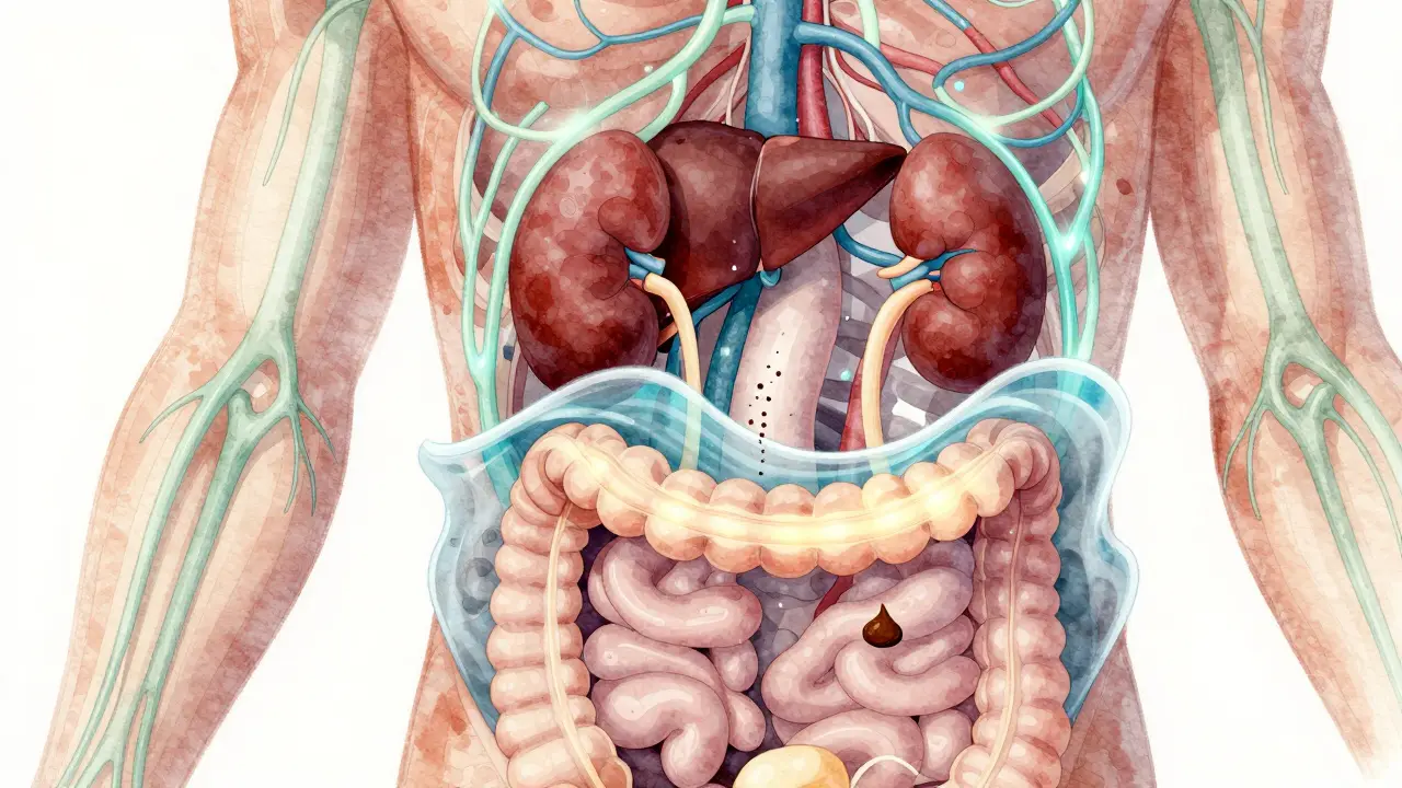 Internal view of lymph fluid flowing from tissues into vessels near the intestines, with waste particles moving toward the colon and kidneys.