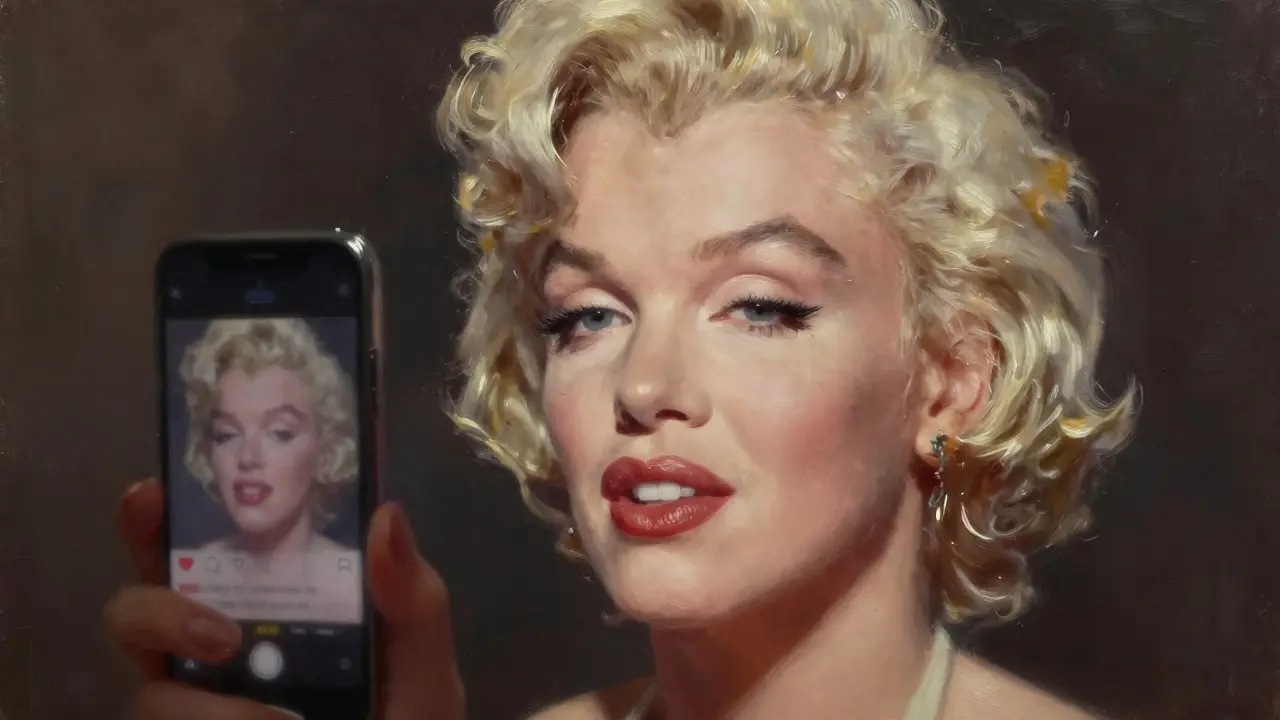 Marilyn Monroe's face half in shadow, half in light, with a faint smartphone reflection showing digital filters.
