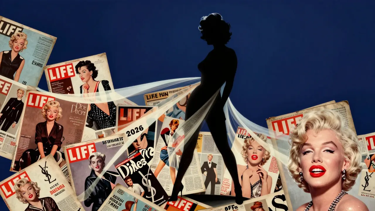 Marilyn Monroe's silhouette emerging from vintage magazines, transforming into modern fashion campaign elements.