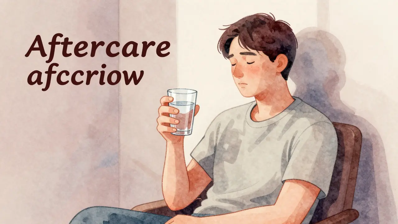 Person resting and drinking water after therapy session.