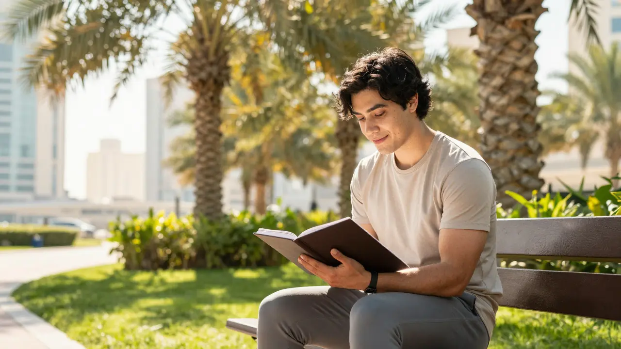 Person reviewing wellness goals in a sunny outdoor garden setting.