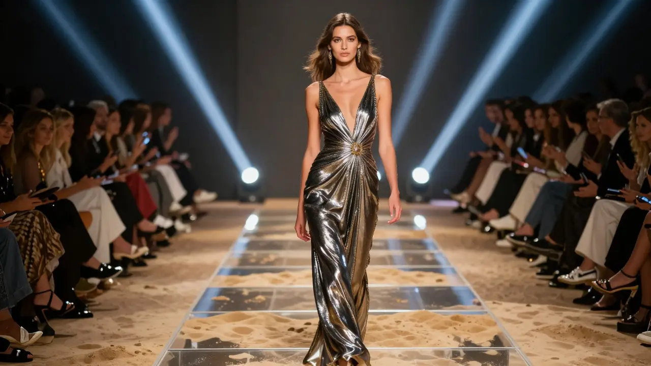 Runway model walking a glowing catwalk at Dubai Fashion Week in a metallic gown under dramatic spotlights.