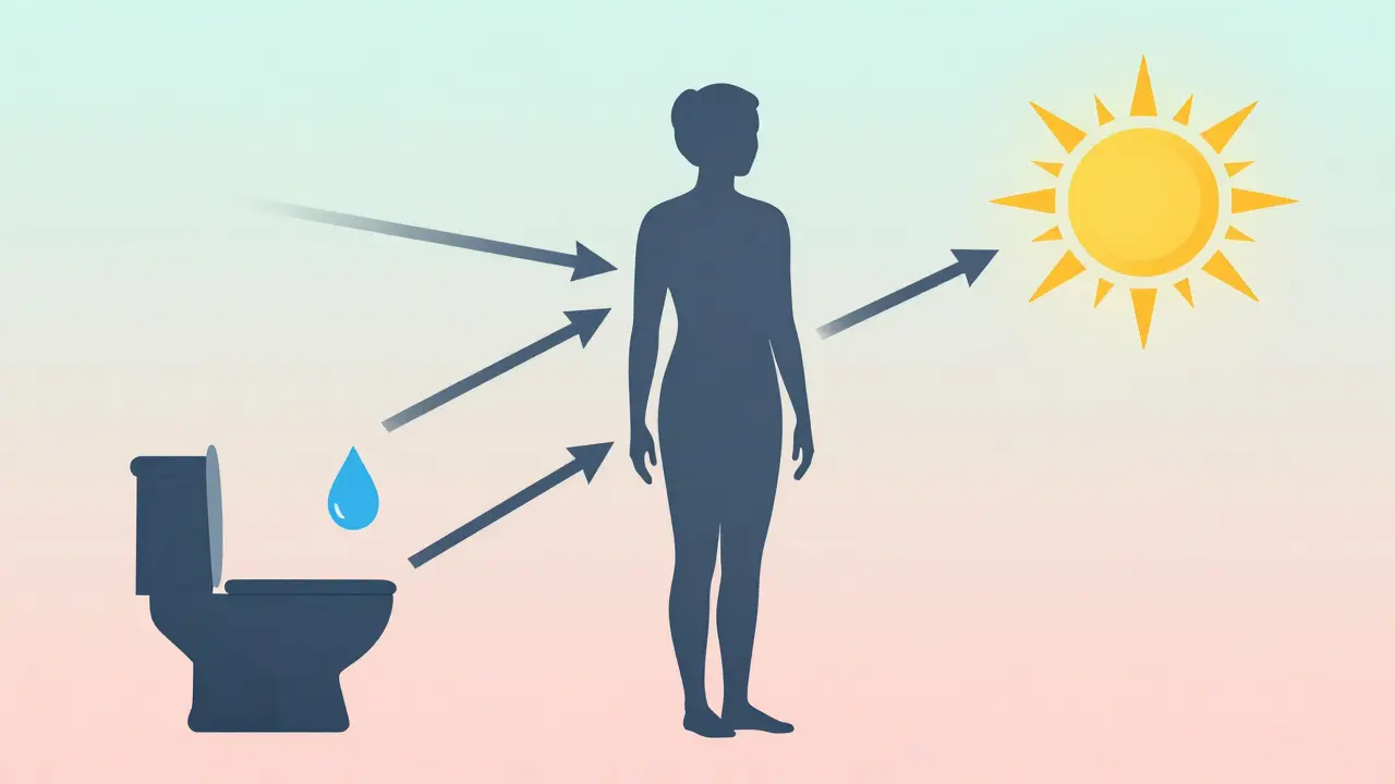 Silhouette of a person with three gentle arrows showing increased bowel movement, urination, and renewed energy after a lymphatic massage.