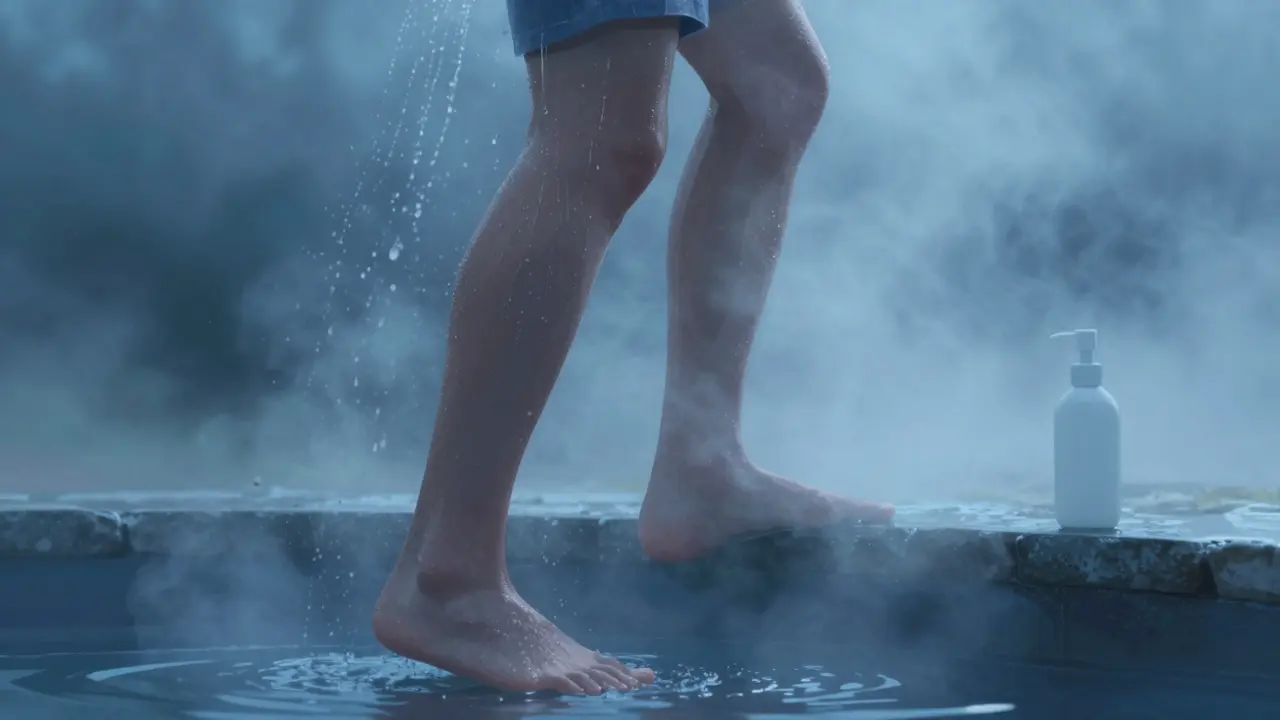 Someone rinsing off after a steam session, with sweat and pollutants washing away under cool water.
