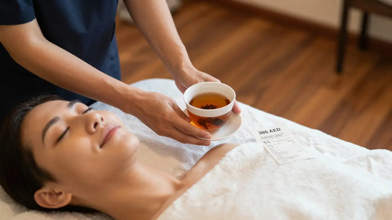 Therapist handing herbal tea to a guest after a Thai massage in Dubai, no cash visible, calm and professional setting.