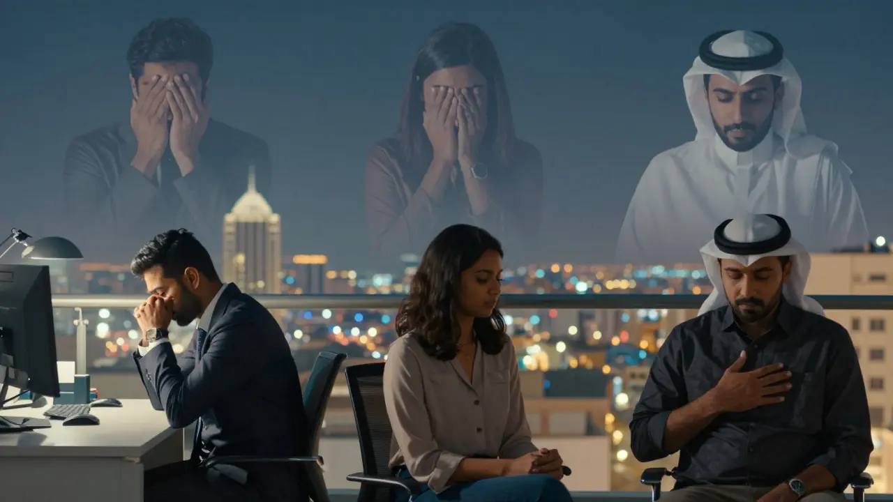 Three diverse individuals in Dubai experiencing quiet moments of emotional exhaustion, surrounded by subtle emotional cues.