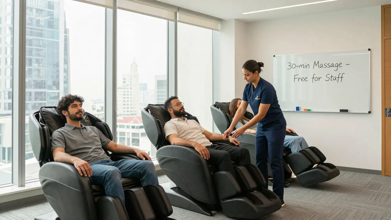 Three employees getting chair massages in a Dubai office, wellness program sign visible, natural light through windows.