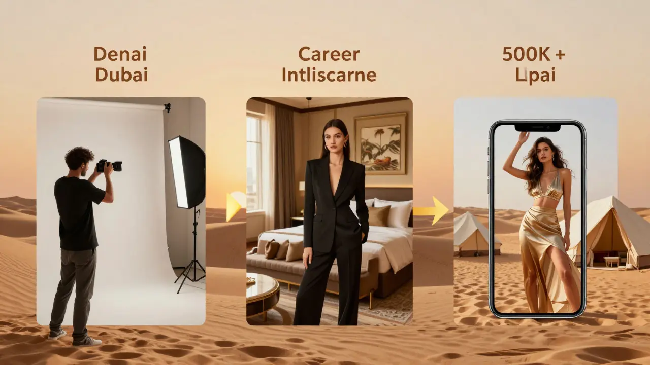 Three-panel visual showing a model's journey in Dubai from studio shoot to luxury campaign to influencer success.