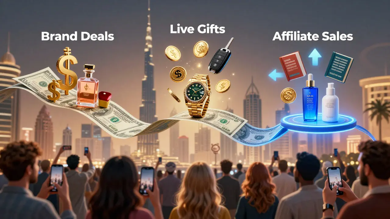 Three symbolic monetary streams—brand deals, live gifts, affiliate sales—floating over Dubai’s skyline with luxury items and digital elements.
