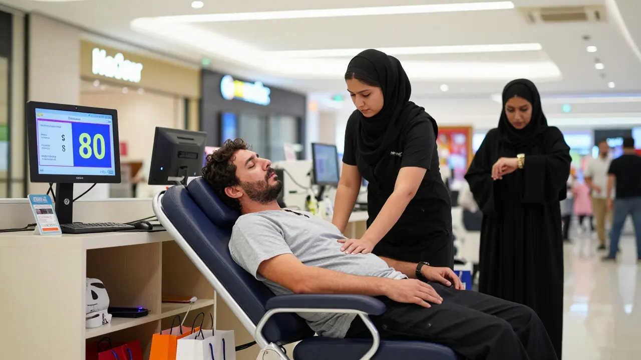 Traveler getting a quick mall massage in Dubai, surrounded by shopping bags and bright lights.