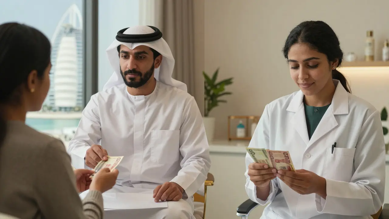 Two massage therapists in Dubai—one in a luxury spa, one in a local clinic—both receiving cash tips with expressions of quiet gratitude.