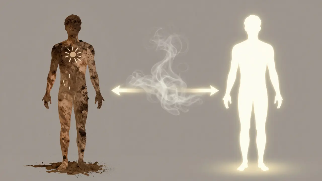 Two silhouettes showing skin before and after steam, with dirt being expelled and cleaned away.