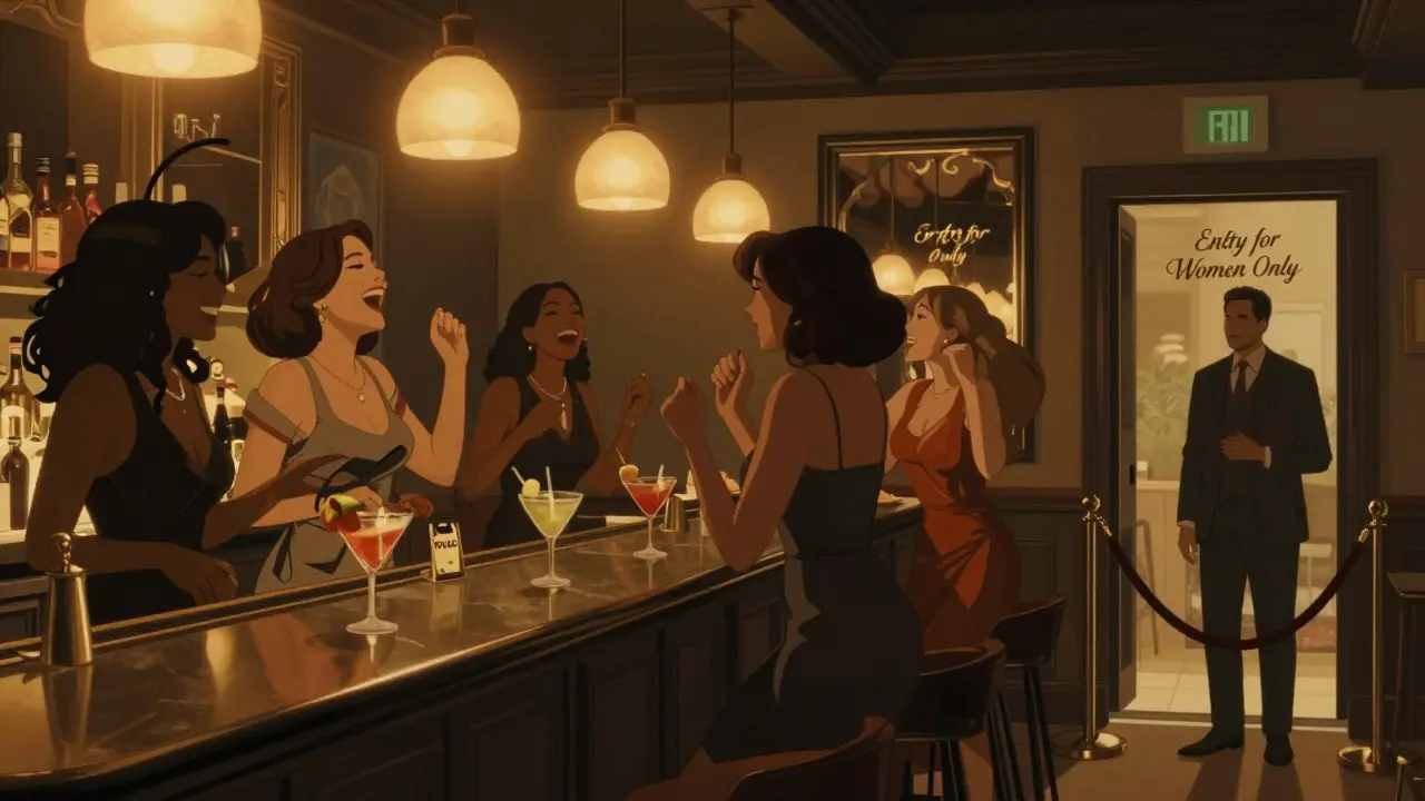 Women dancing in a warmly lit Dubai bar during ladies night, a man barred by a velvet rope at the entrance.