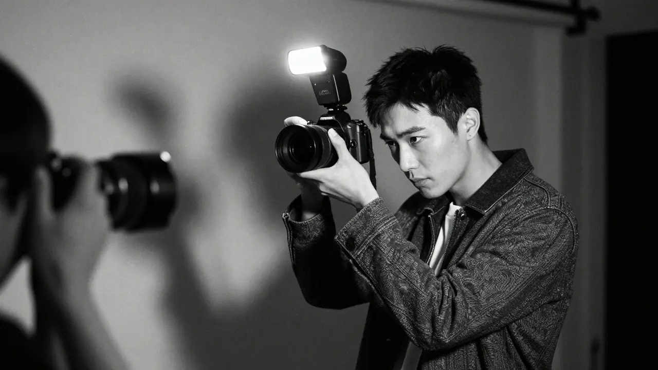 Black and white shot of camera flash capturing model pose