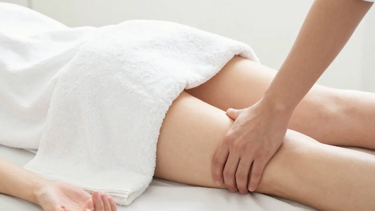 Close-up of professional draping technique covering the groin while massaging the inner thigh.