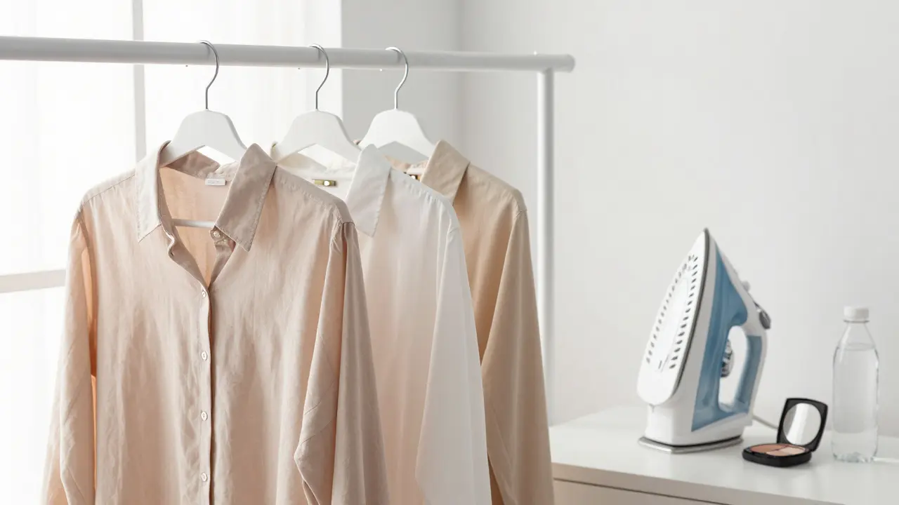 Hangers with clothes and steamer on table for photo session